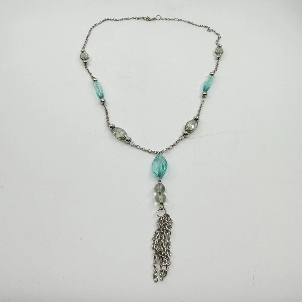 Necklace Turquoise Tone Green Bead Y Drop Silver Tone Chain Tassel Statement